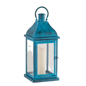 European Vintage Safe Blue Rustic Tea Light Table Lantern Clear Glass Hurricane Lantern Candle Holders