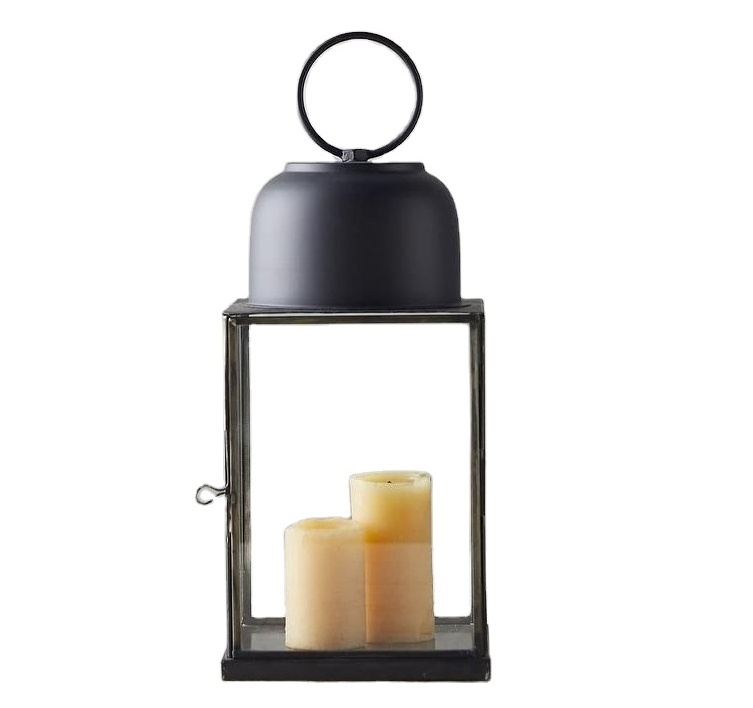 Matte Black Decorative Lantern with Upper Bowl Shape Design Square Home Decor Candle Lantern