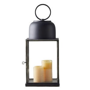 Matte Black Decorative Lantern with Upper Bowl Shape Design Square Home Decor Candle Lantern