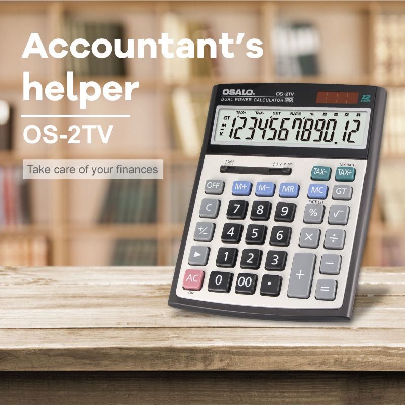 OS-2TV Calculator 12 Digits With Tax Function Office Financial Solar Desk Calculators Dual Power Tax Calculator Manufacturers