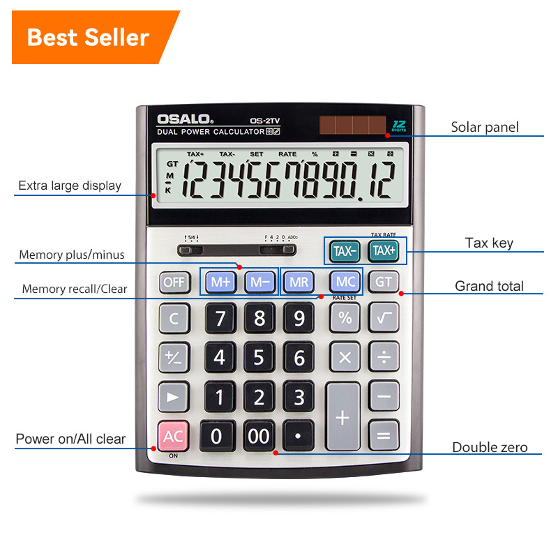 OS-2TV Calculator 12 Digits With Tax Function Office Financial Solar Desk Calculators Dual Power Tax Calculator Manufacturers