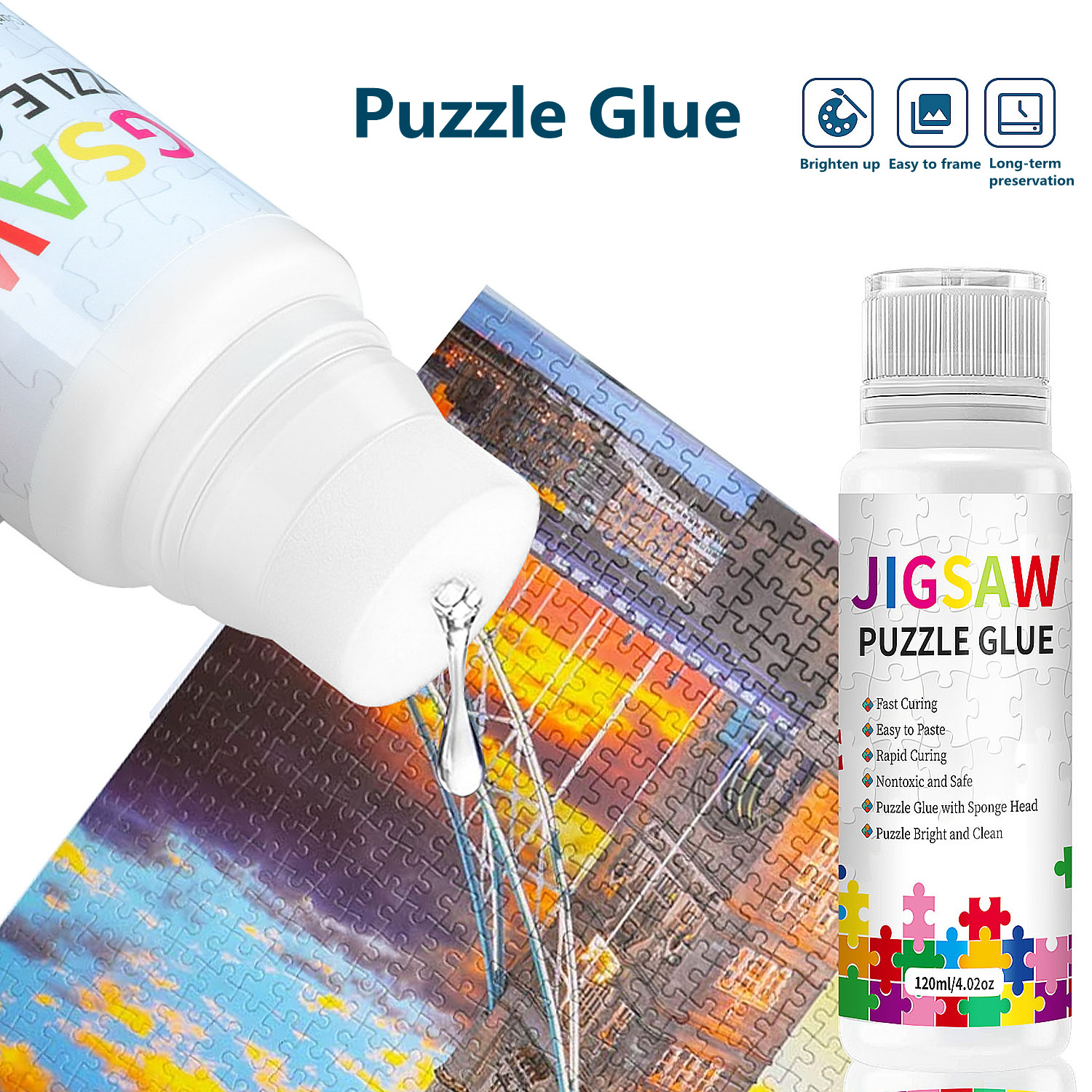 120 ML Puzzle Glue with Sponge Head, Puzzle Glue Clear Firm,Water-Soluble Special Craft Puzzle Glue, Non-Toxic and Quick Dry