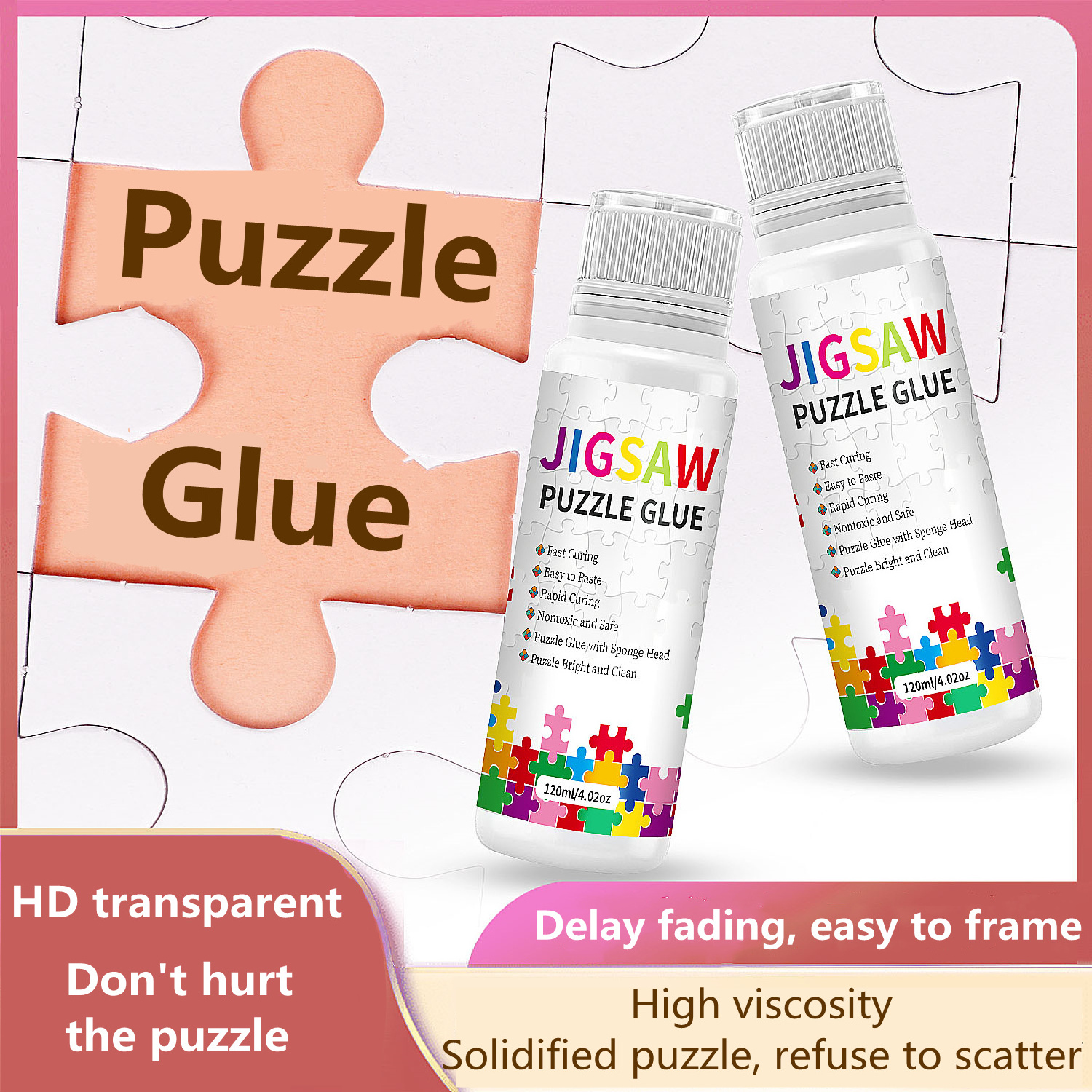 120 ML Puzzle Glue with Sponge Head, Puzzle Glue Clear Firm,Water-Soluble Special Craft Puzzle Glue, Non-Toxic and Quick Dry