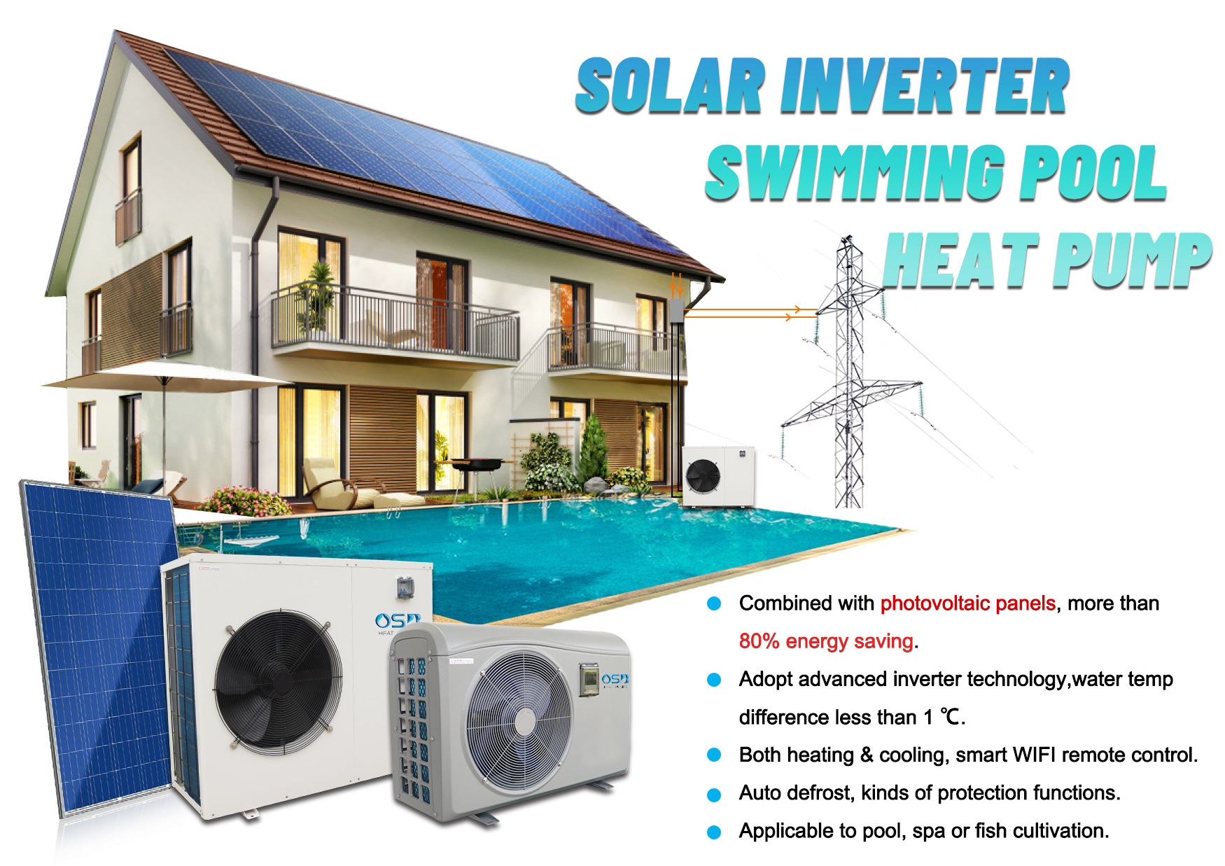 Solar panel dc inverter system heat pump air source heater chiller for swimming pool spa