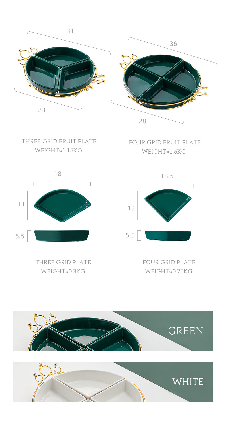 OSBORN Light luxury ceramic green golden fruit bowl Dessert plate crown tray dried fruit four grid snack plate