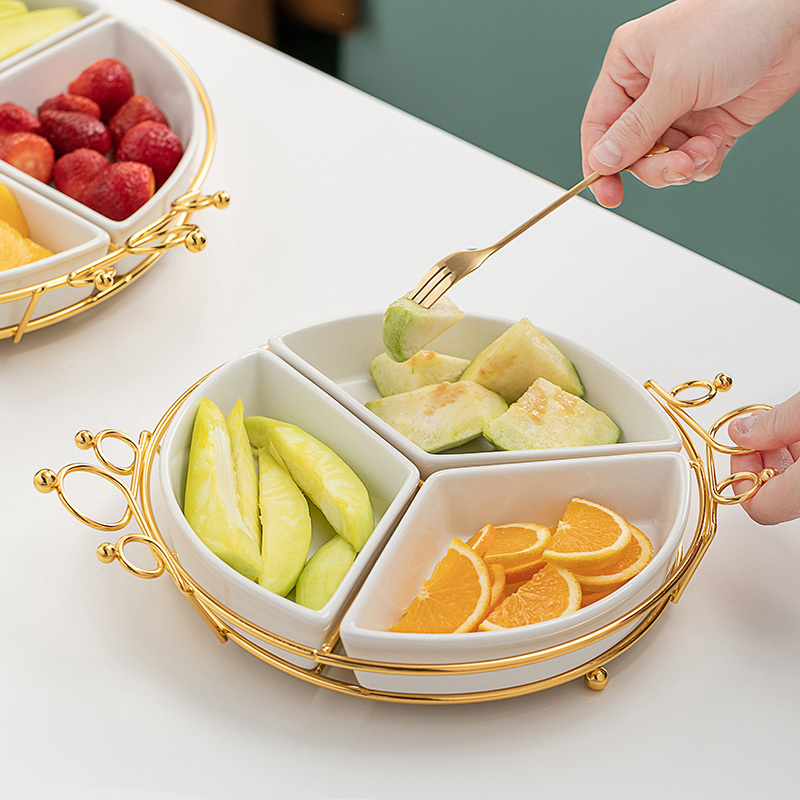 OSBORN Light luxury ceramic green golden fruit bowl Dessert plate crown tray dried fruit four grid snack plate