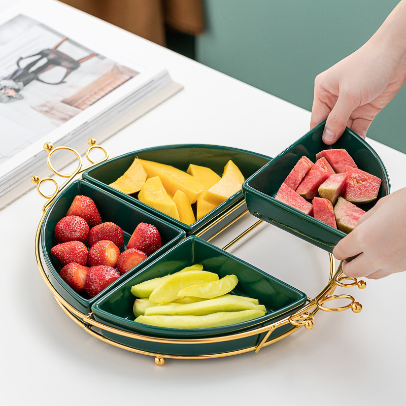 OSBORN Light luxury ceramic green golden fruit bowl Dessert plate crown tray dried fruit four grid snack plate