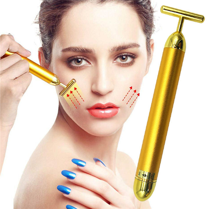 Electric 3D Roller and T Shape 2-IN-1 Beauty Bar 24k Golden Pulse Facial Face Massager