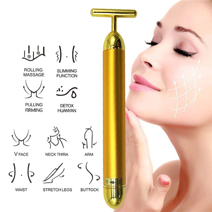 Electric 3D Roller and T Shape 2-IN-1 Beauty Bar 24k Golden Pulse Facial Face Massager