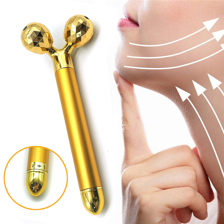 Electric 3D Roller and T Shape 2-IN-1 Beauty Bar 24k Golden Pulse Facial Face Massager