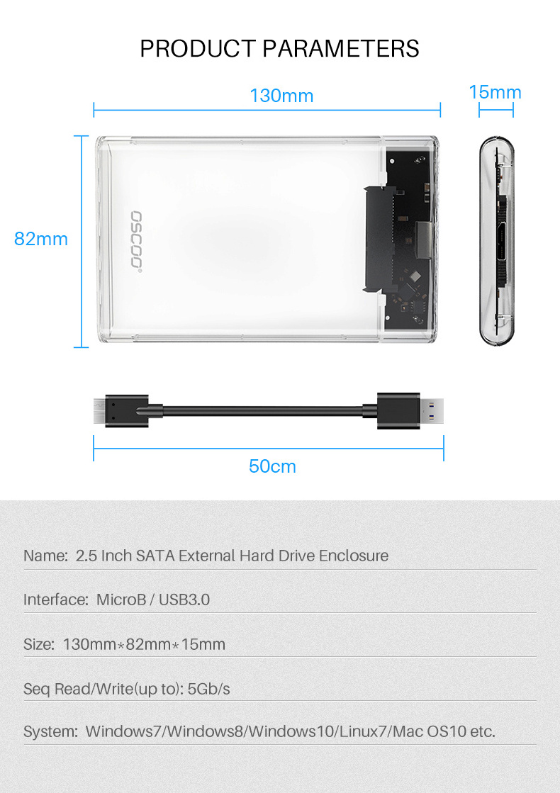 OSCOO External HDD Enclosure Hard Drive Enclosure HDD Case Hard Disk Enclosure Support 1TB 2TB HDD SSD Computer Accessories