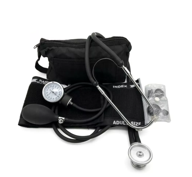 Medical aneroid sphygmomanometer with sprague rappaport stethoscope and zipper bag for blood pressure measurement