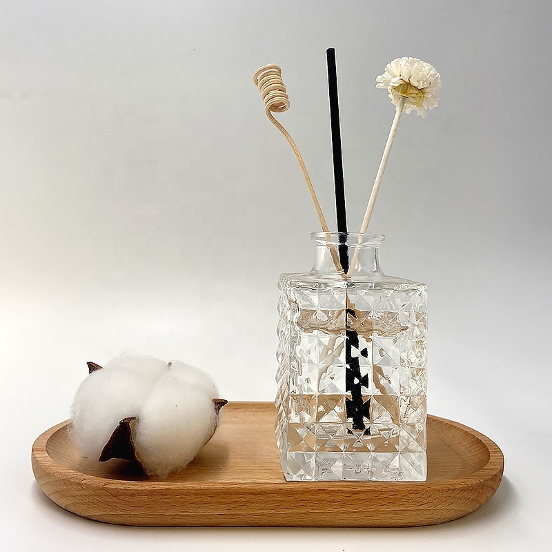 100ml clear empty square flower perfume embossed glass diffuser bottle for home room car decoration