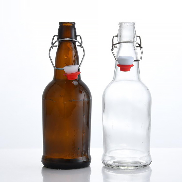 16 fl.oz glass swing top beer bottle with flip top clear round flipping glass bottles