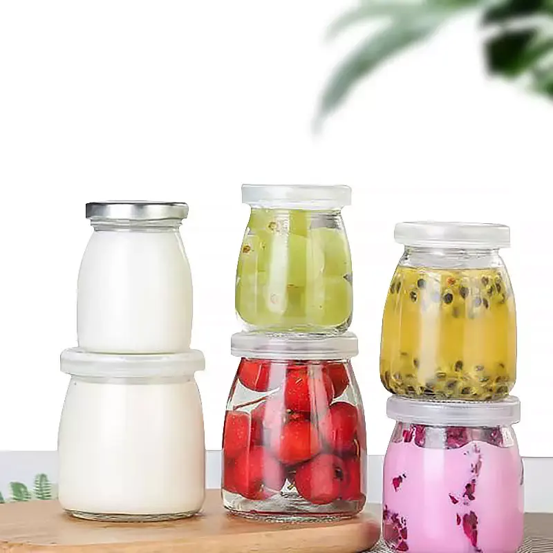 Oshow Wholesale milk drink container pot 50ml 75ml 100ml 150ml 200ml glass pudding jar With plastic metal lid