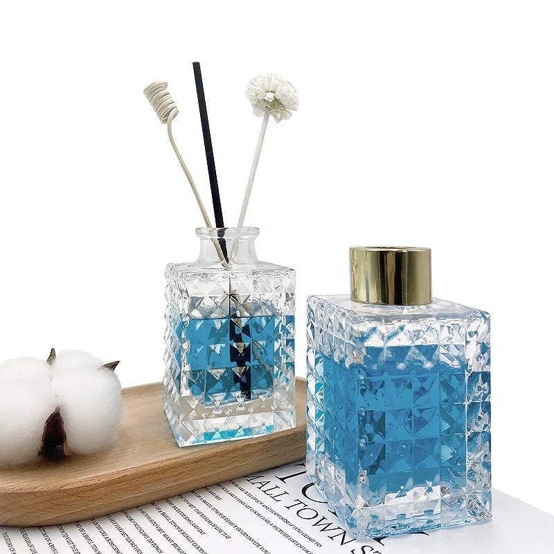 100ml clear empty square flower perfume embossed glass diffuser bottle for home room car decoration