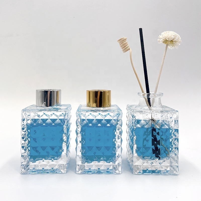 100ml clear empty square flower perfume embossed glass diffuser bottle for home room car decoration