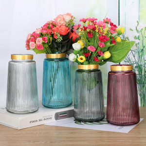 Nordic Luxury Vertical Stripe Colored Bud Pot Bulk Decorative Wedding Flower Glass Vase for Flower Arrangement