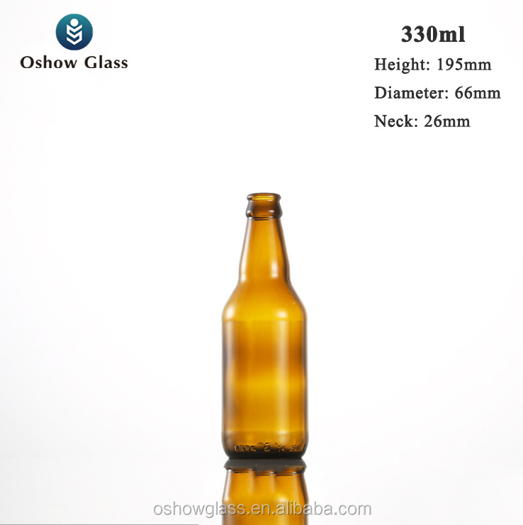 OSHOW Wholesale 330ml 330cc Amber Glass Beer Bottles Long Neck Soda Bottle with Crown Lid for Wine Clear Empty Glass