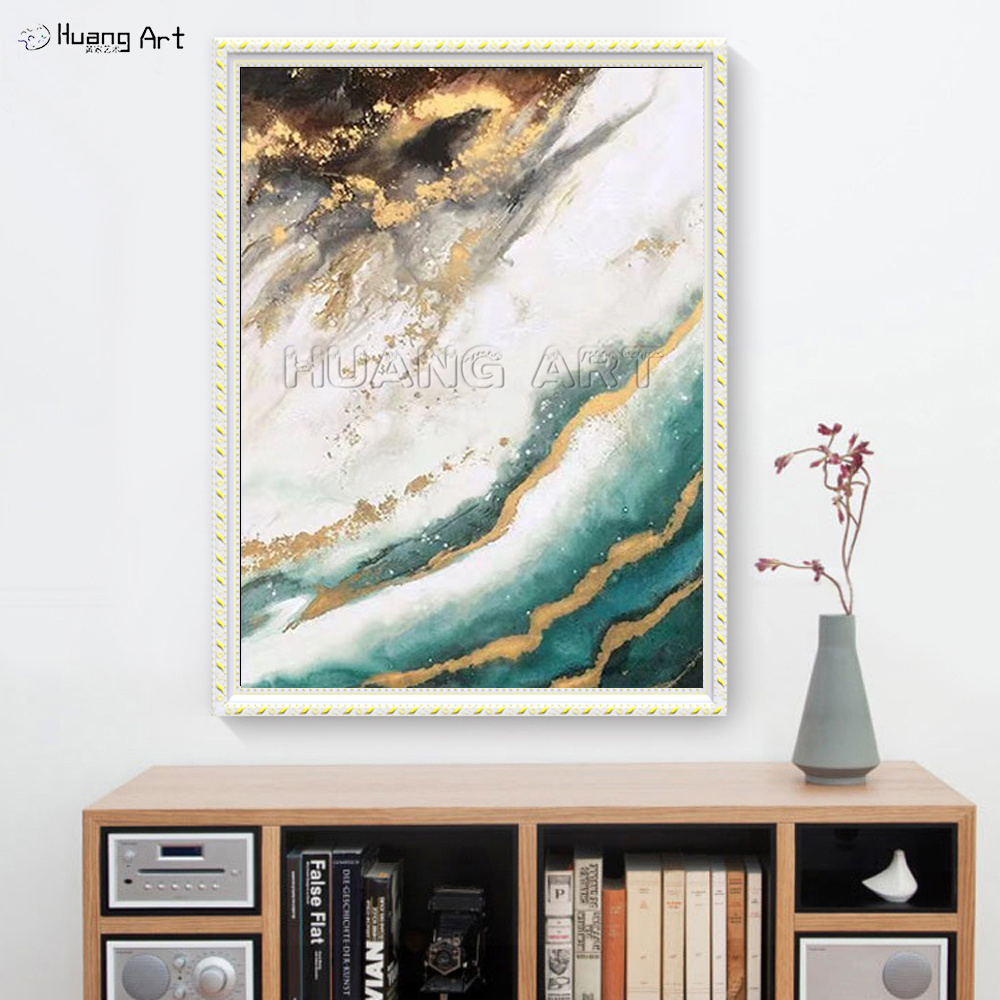 Hand-Painted Gold Abstract Lines Oil Painting on Canvas Modern Foil Gold Wall Painting for Room Decor Green Landscape Picture