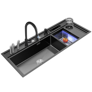 Kitchen Sink With Waterfall Multifunctional Faucet Piano Key Black Nano Surfuce Kitchen Sink Sus304 Kitchen Sink