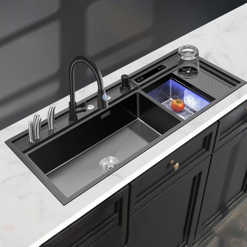 Kitchen Sink With Waterfall Multifunctional Faucet Piano Key Black Nano Surfuce Kitchen Sink Sus304 Kitchen Sink