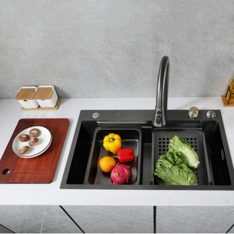 SUS 304 Kitchen Sinks Stainless Steel Waterfall Smart Customization Sink