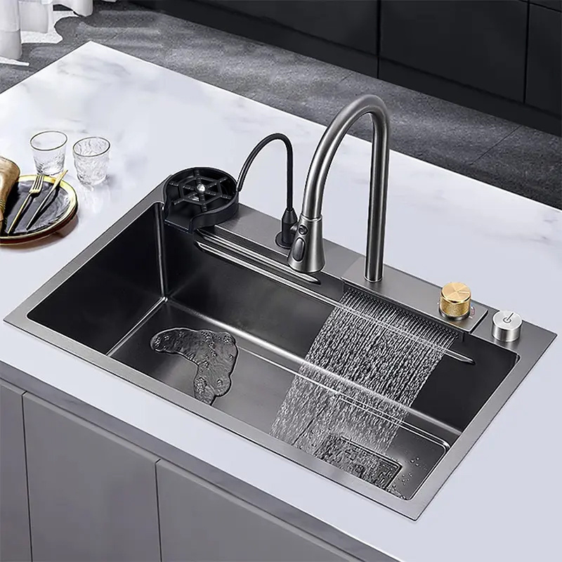 SUS 304 Kitchen Sinks Stainless Steel Waterfall Smart Customization Sink