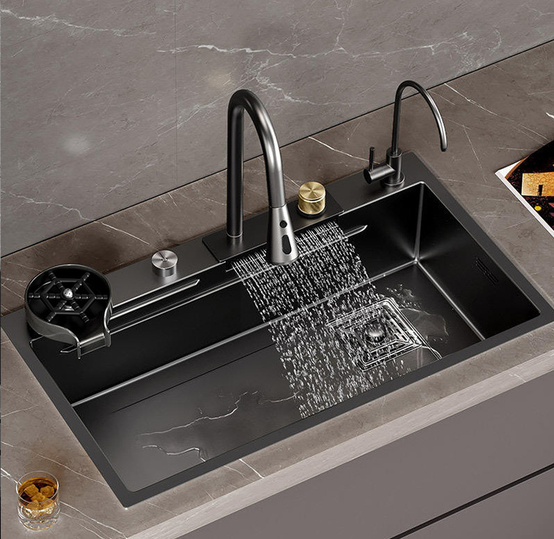 Factory Handmade Sink with Single Bowl Nano Black Flying Rainfall Faucet Sinks made of 201/304 Stainless Steel