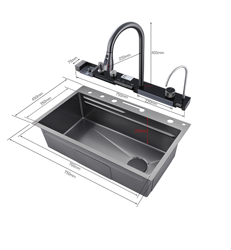 PVD Nano 304 Stainless Steel Waterfall Kitchen Sink With Temperature Display Pull Out Faucet