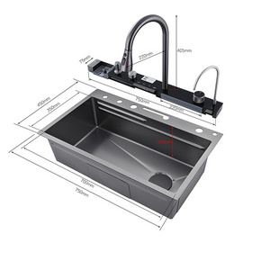 PVD Nano 304 Stainless Steel Waterfall Kitchen Sink With Temperature Display Pull Out Faucet