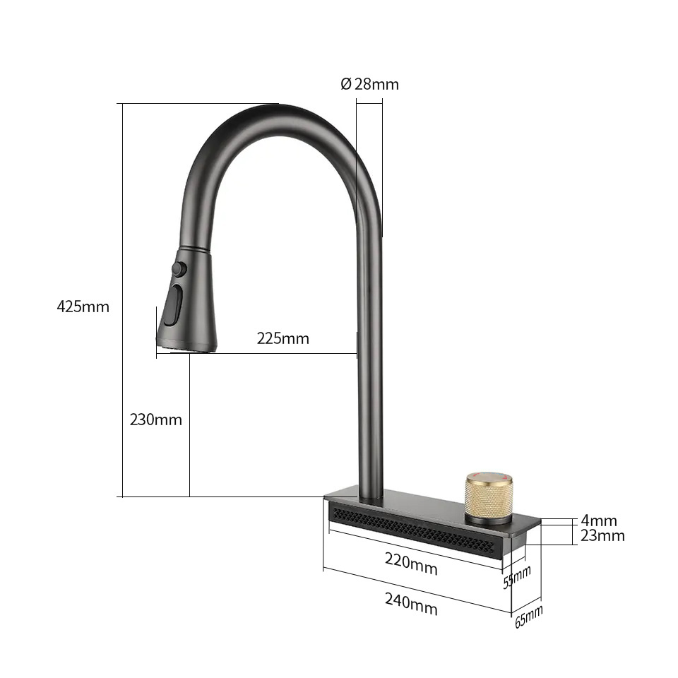 Stainless Steel 304 Kitchen Specific Pull-Out Waterfall Rain Faucet PVD Vacuum Color Gun Gray Faucet