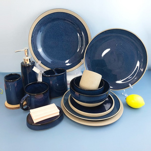 Antique Crockery Rustic Stone Dinner Sets Matte Color Green Blue Black Reactive Glazed Ceramic Stoneware Dinnerware Sets