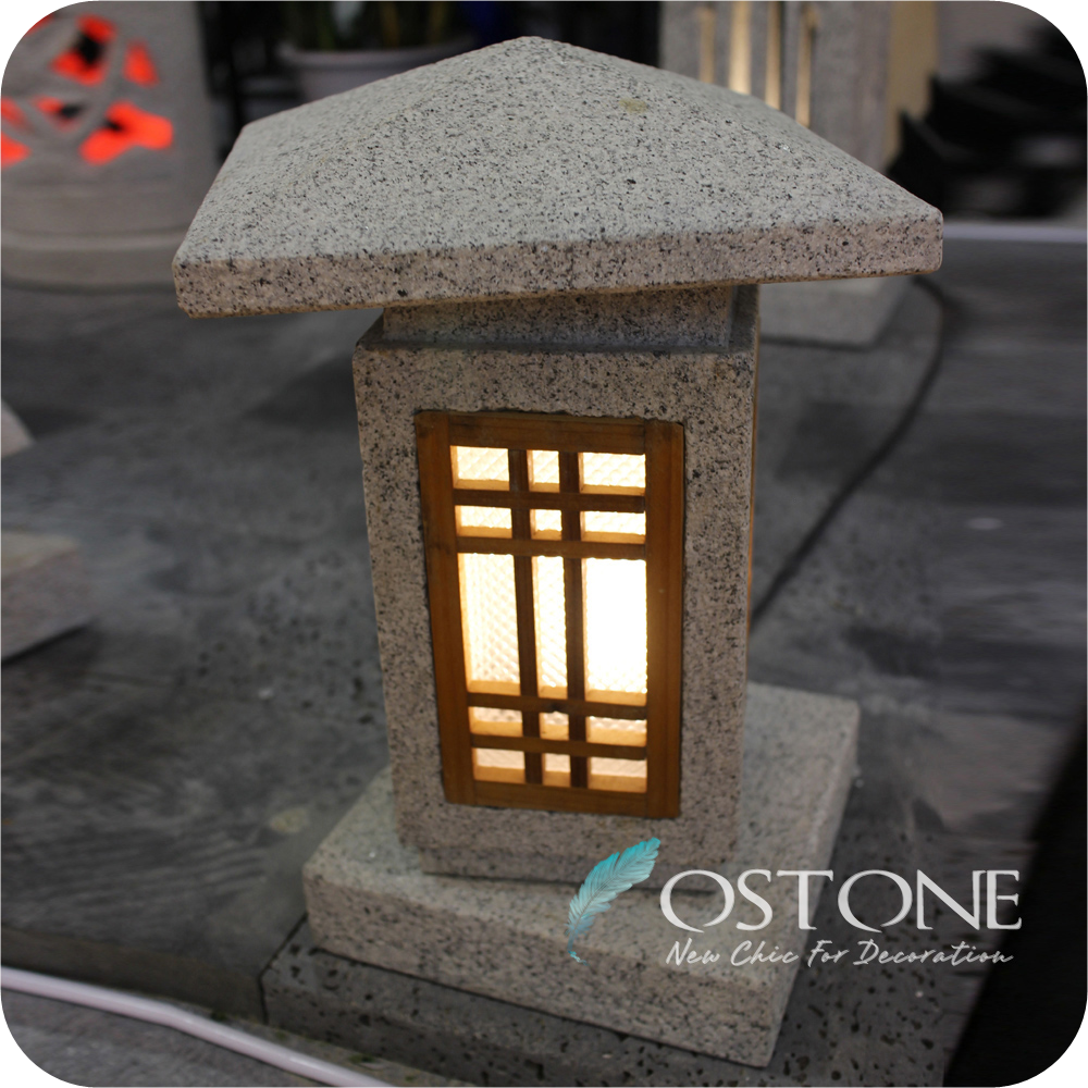 Outdoor Japanese Solar Led Carved Granite Antique Lantern