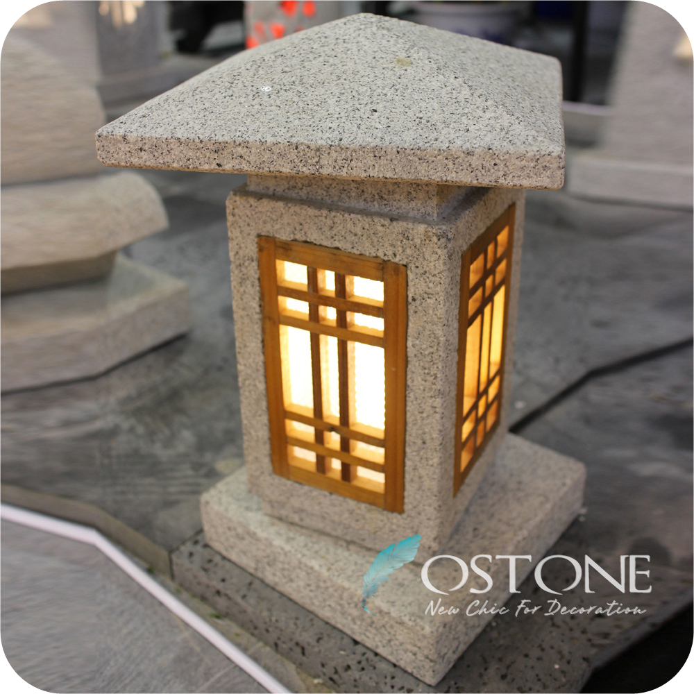 Outdoor Japanese Solar Led Carved Granite Antique Lantern