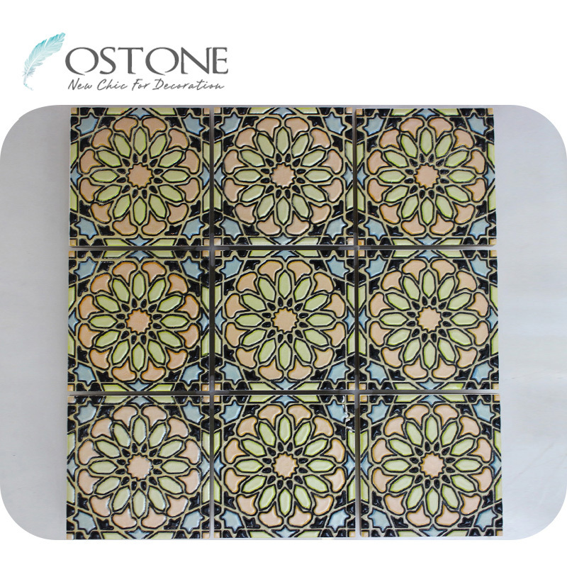 Blue And Green Mixed Colored Flower Ceramic Tile For Backsplash