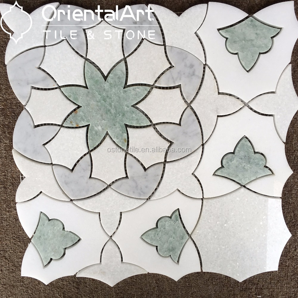 Green and white marble flower water jet marble mosaic tile