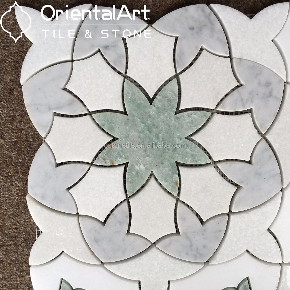 Green and white marble flower water jet marble mosaic tile