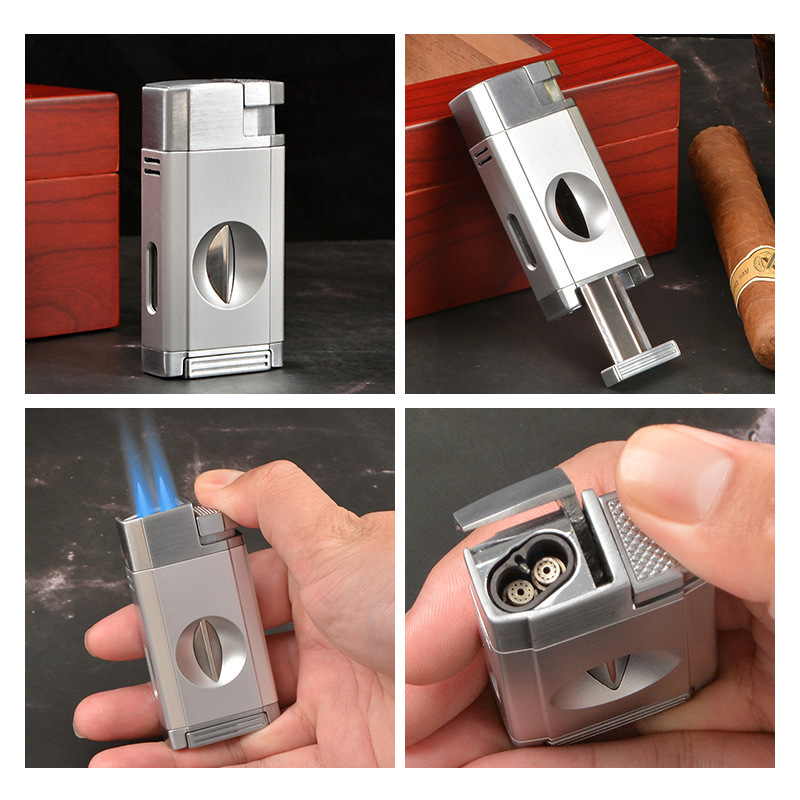 Multifunction Cigar V Cutter Windproof Smoke Blowgun Simple Straight 2 Flame Torch Metal Cigar Lighter With Cutter