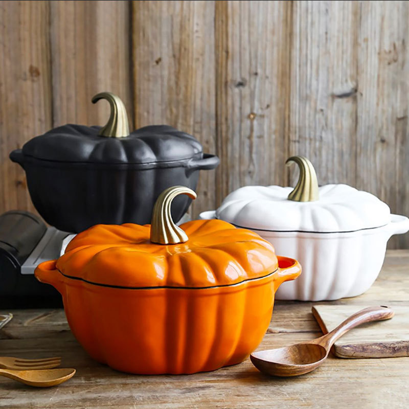 White Black Orange Cast Iron Nonstick Pumpkin Cook Pot