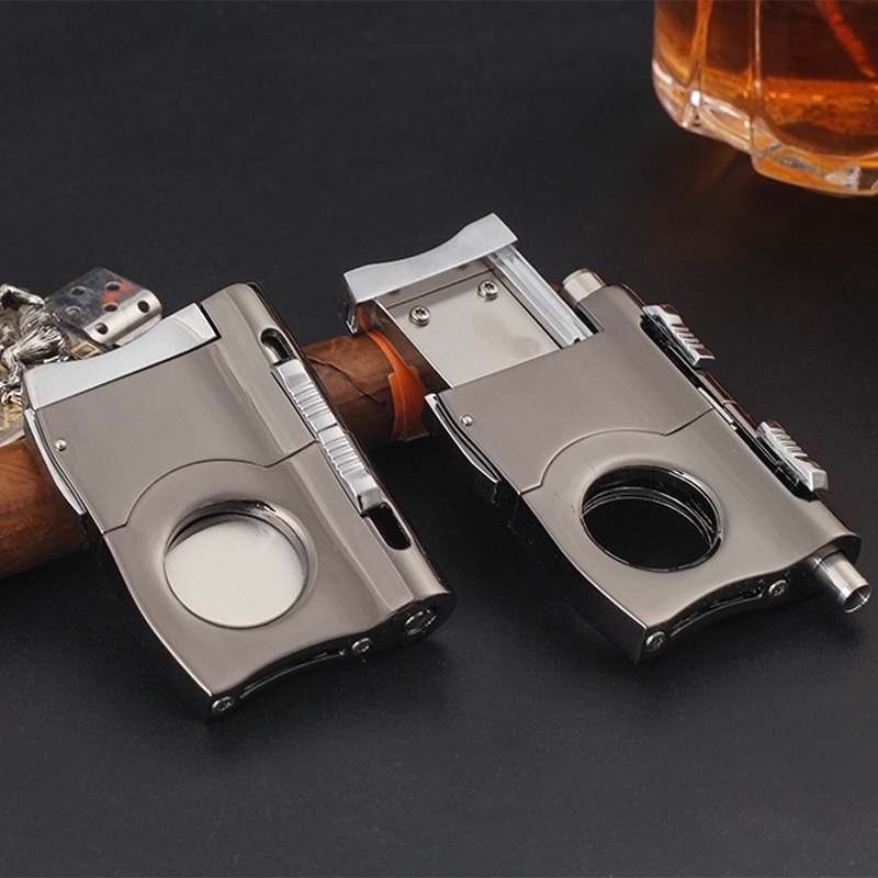 Gun Shape Logo Luxury Jet Torch Wholesale All In One Cigar Lighter With Punch And Cutter Set With Custom Logo