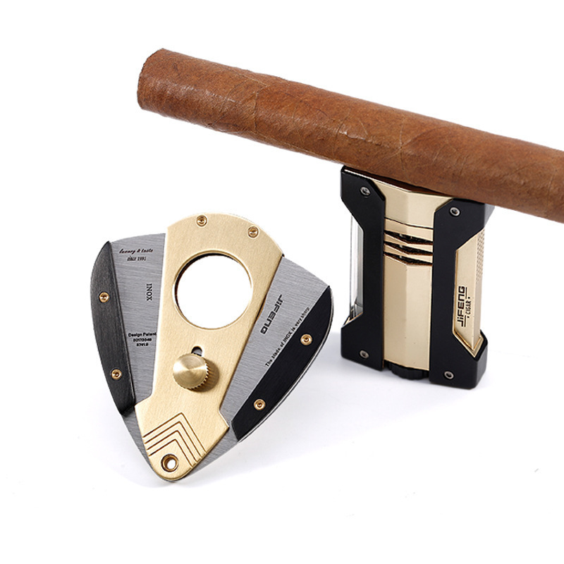 Cigar Cutter and Lighter Set Sharpening Blade Engraved Cigar Guillotine and Retro Carved Lighter(Color:Gold)