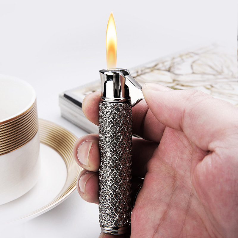 Carved Small Open Flame Portable Simple Luxury Table Fancy Refillable  Torch Cigar Lighter With Punch