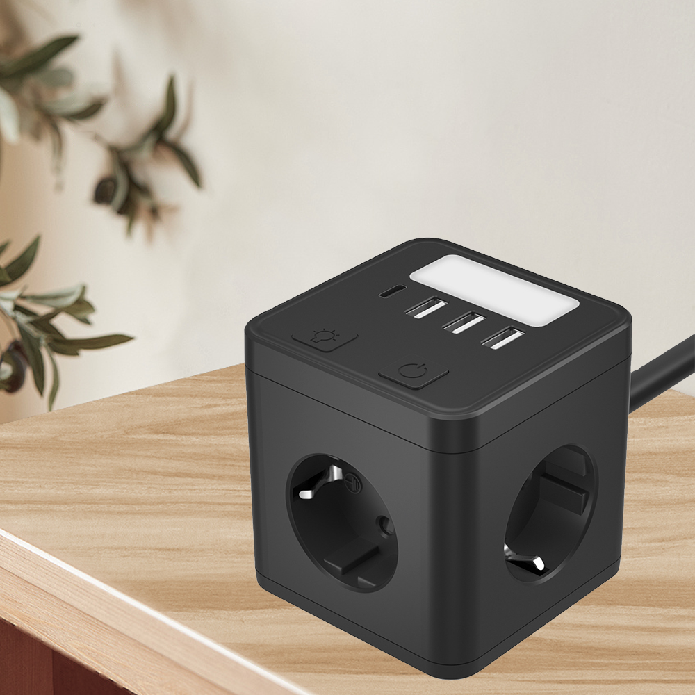 OSWELL 8-in-1  EU Portable Power Strip Cube Extension Socket with 3 USB 1 Type C and Light