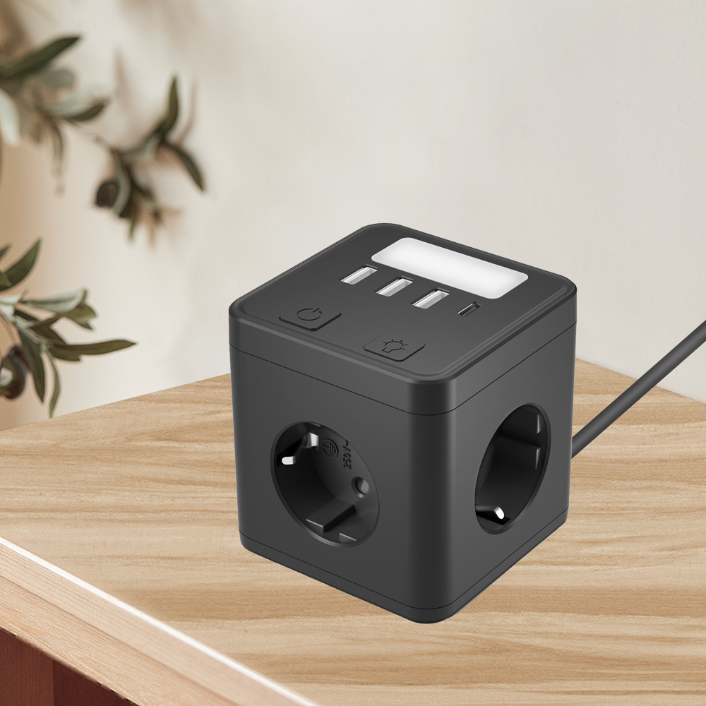 OSWELL 8-in-1  EU Portable Power Strip Cube Extension Socket with 3 USB 1 Type C and Light