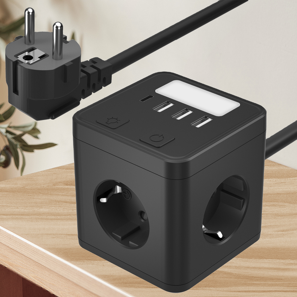 OSWELL 8-in-1  EU Portable Power Strip Cube Extension Socket with 3 USB 1 Type C and Light