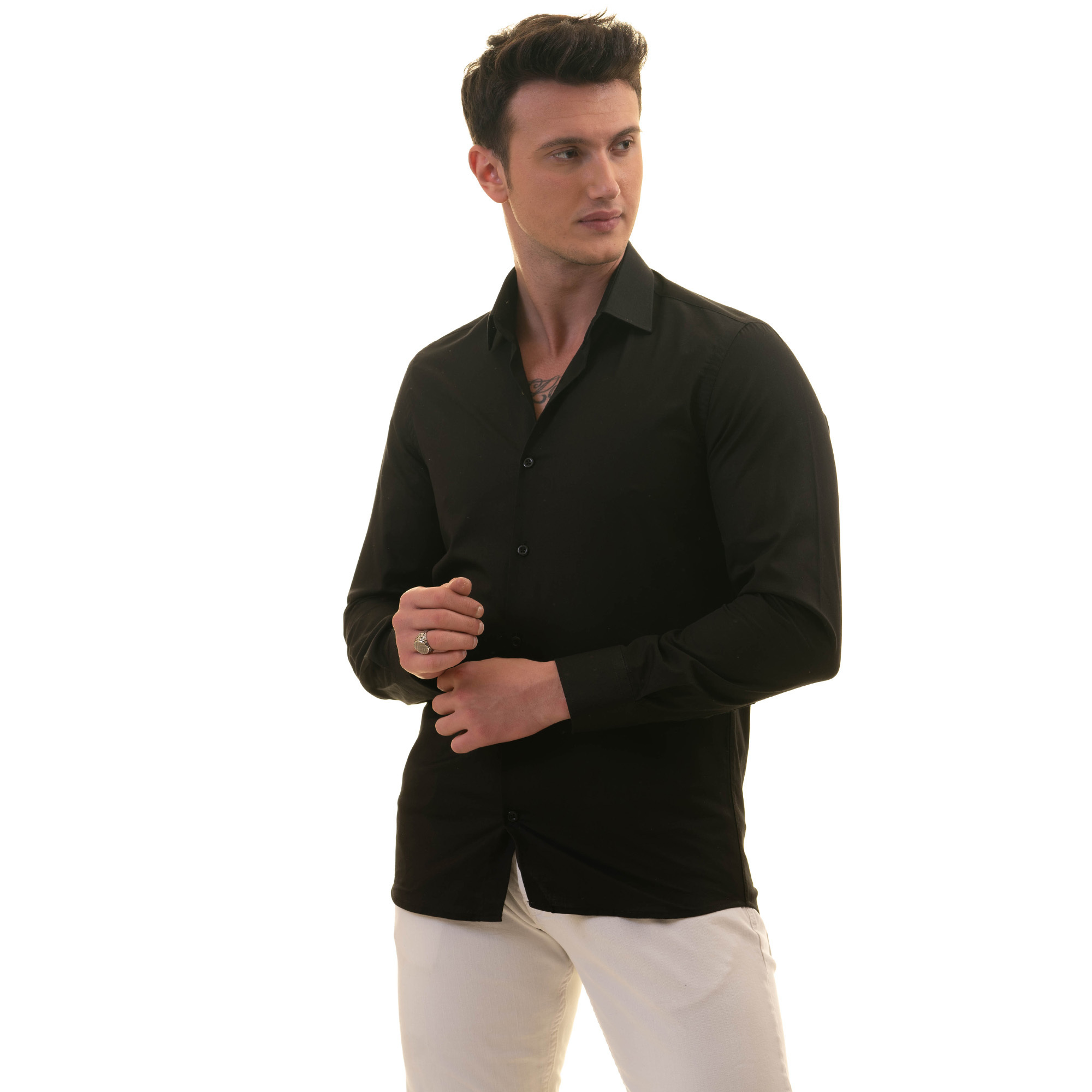 Black Poplin Cotton Formal Basic Dress Shirt for Summer Vacation Long Sleeves Men's Shirt ready in Stock