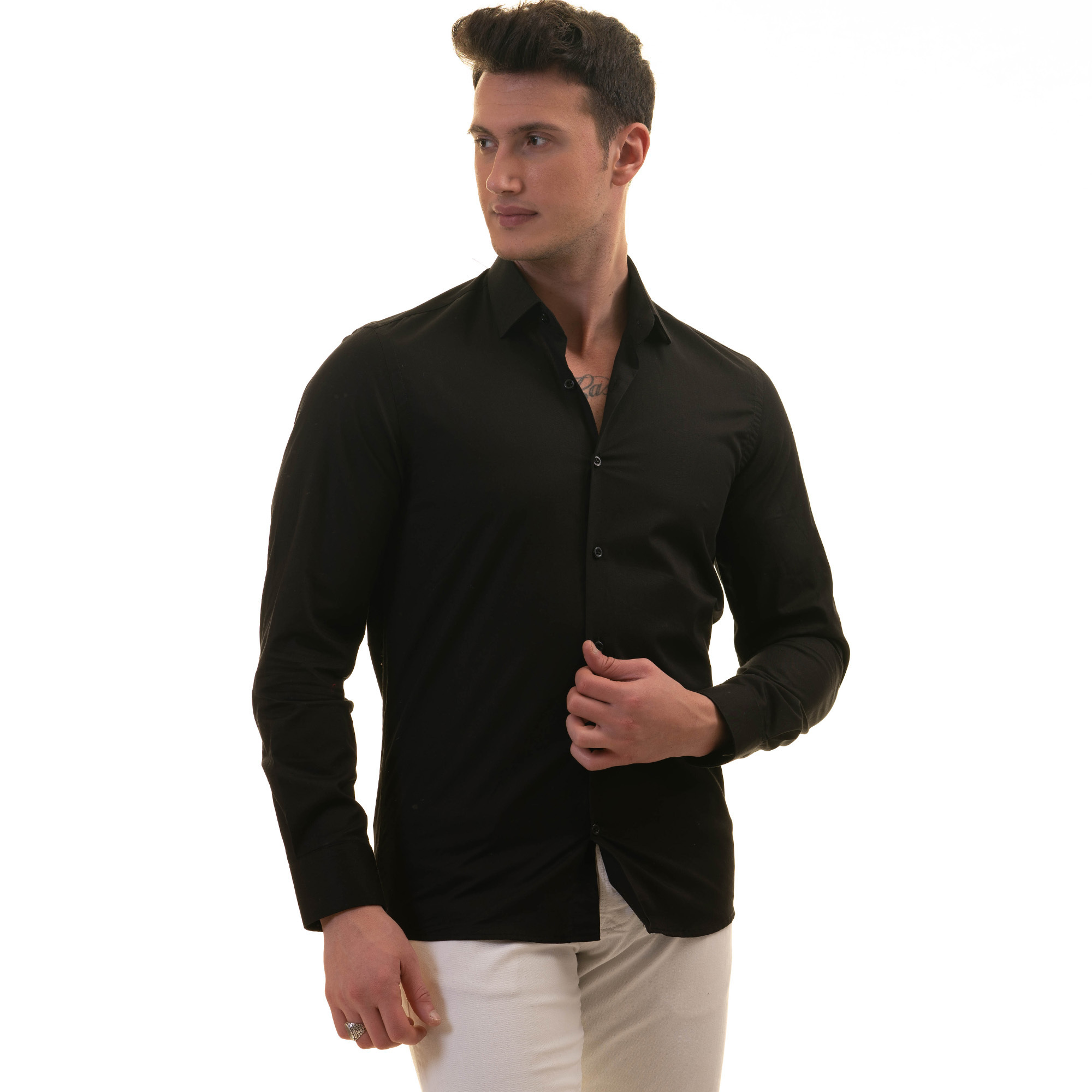 Black Poplin Cotton Formal Basic Dress Shirt for Summer Vacation Long Sleeves Men's Shirt ready in Stock