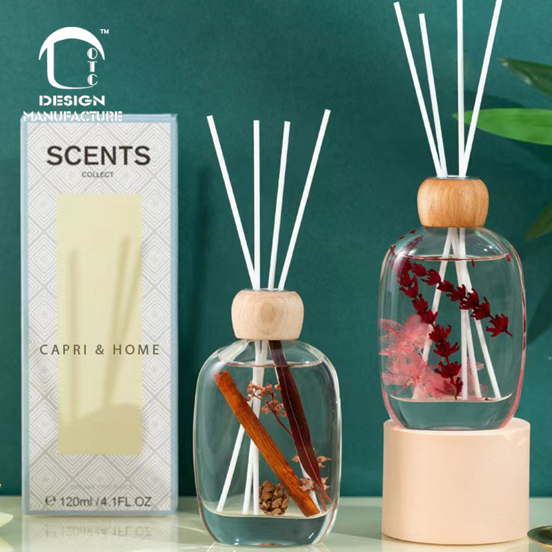 Air freshener luxury perfume 120ml essential oil scent reed diffuser with Wooden cap dried preserved flower