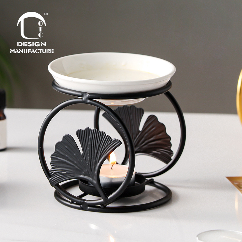 Wholesale Nordic Tea Light Ceramic Wax Melt Warmer Burner Wood with Mother of ginkgo Incense Burner Teapot Oil Lantern Warmer